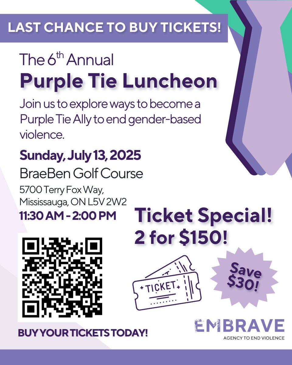 This is your last chance to purchase tickets to Embrave's 6th Annual Purple Tie Luncheon! 

The Luncheon will convene supporters to promote the essential role allies play in the work to eliminate gender-based violence.

Get your tickets - shorturl.at/ZA41l