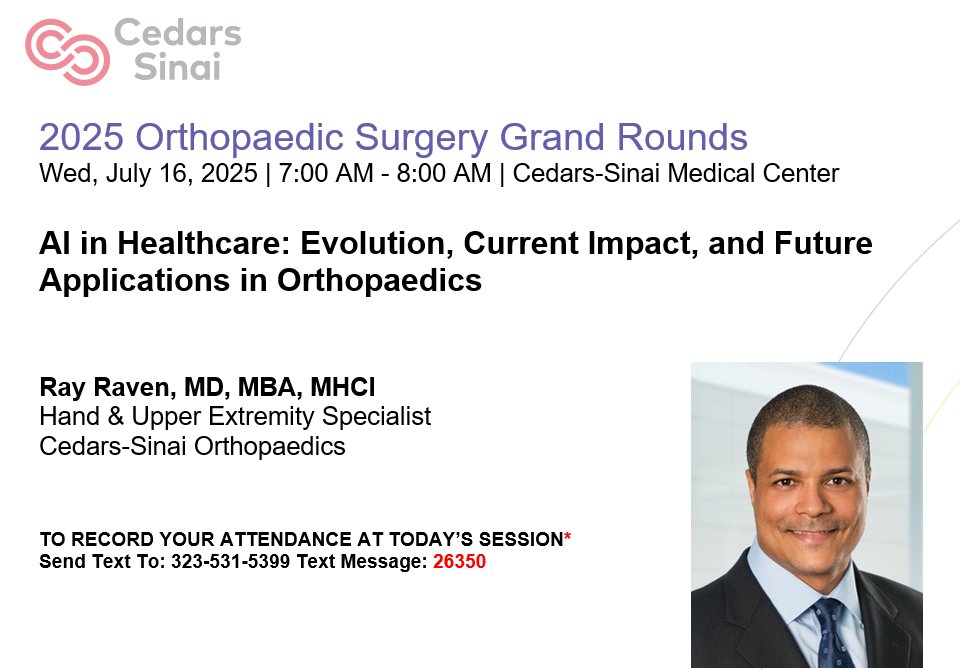 DeptSurgeryCS's tweet image. Join us this Wednesday, July 16th at 7:00AM for our #Orthopaedic #GrandRounds with Dr. Ray Raven!
🏢In-Person: Harvey Morse Auditorium
➡️Virtual Meeting Link: microsoft.com/microsoft-team…
👉Meeting ID: 296 709 530 820 0
👉Passcode: hz7oi9H4