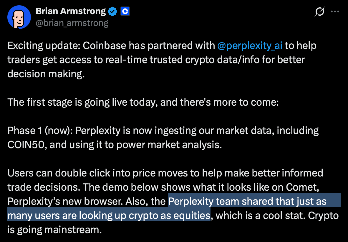 rezoshm's tweet image. Some people look at this partnership and think, “LFG - this is a start of AI giants integrating crypto.”
But here are a few other thoughts:
1.Coinbase isn’t sharing its data with Perplexity out of goodwill.
They’re buying distribution, building a moat and trying to create…
