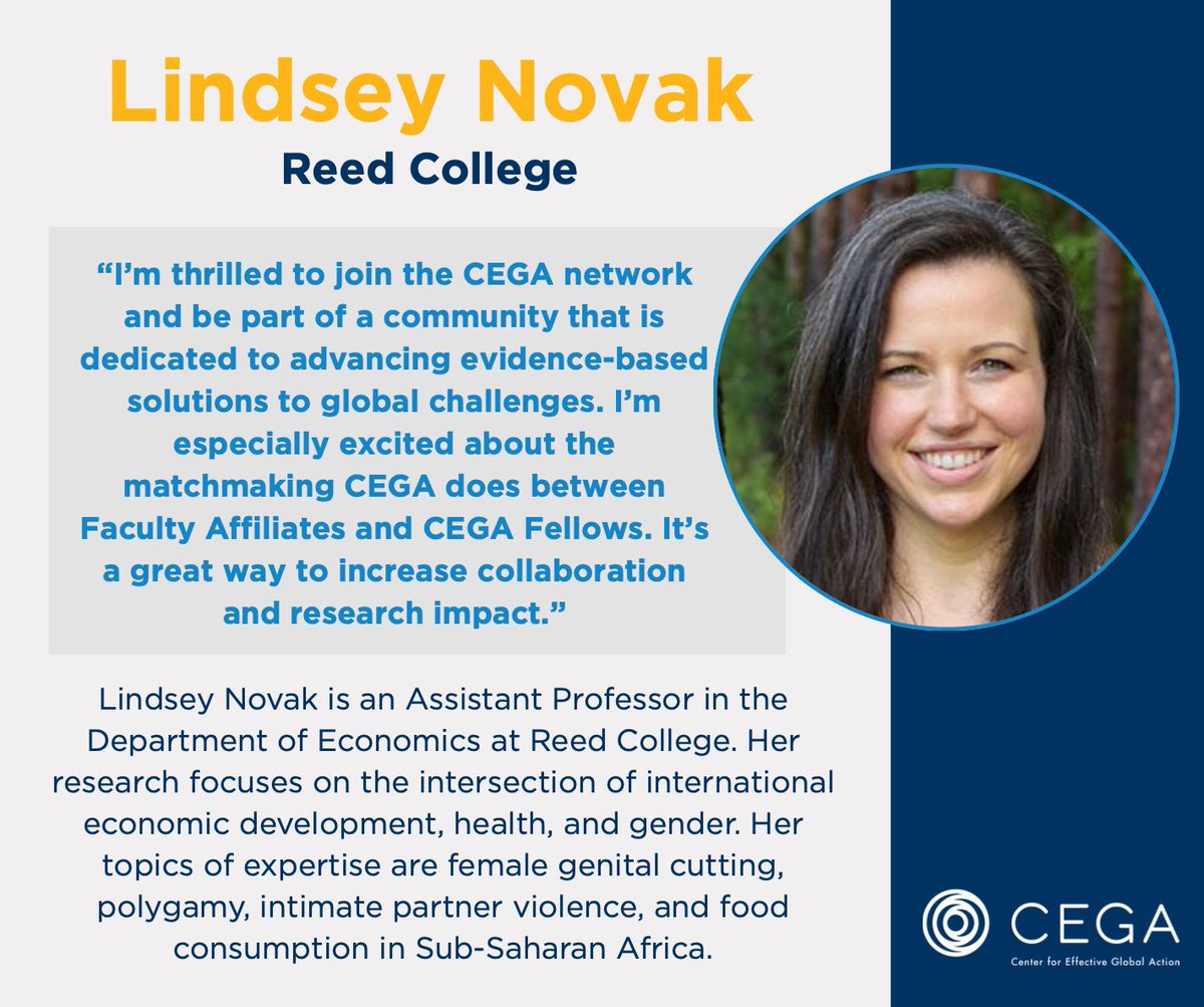 CEGA_UC's tweet image. 🌟 This week’s faculty affiliate feature is @LindseyKNovak from Reed College! Learn more about Lindsey and what she is looking forward to as she joins CEGA’s network of researchers.
