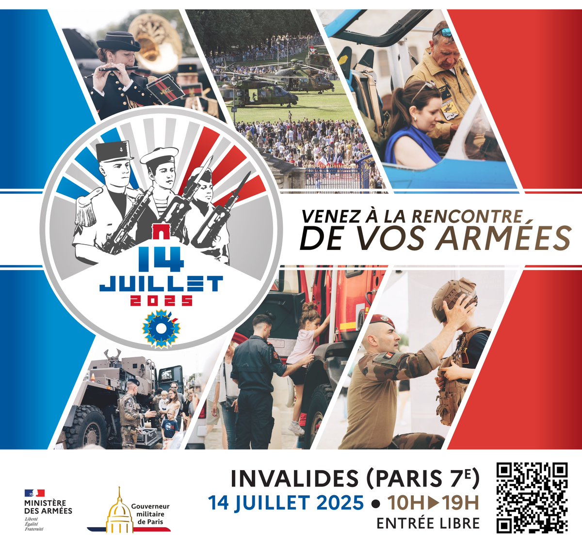 #14Juillet | Venez à la rencontre de vos armées après le défilé militaire, lors de l’opération de relations publiques. 📍Hôtel national des Invalides 🕦 de 10h à 19h. <a href="/MuseeArmee/">Musée de l'Armée</a> <a href="/santearmees/">SantéArmées</a> <a href="/MarineNationale/">Marine nationale</a> <a href="/Armee_de_lair/">Armée de l'Air et de l'Espace</a> <a href="/armeedeterre/">Armée de Terre</a> 
#CohésionNationale #ArméeNation