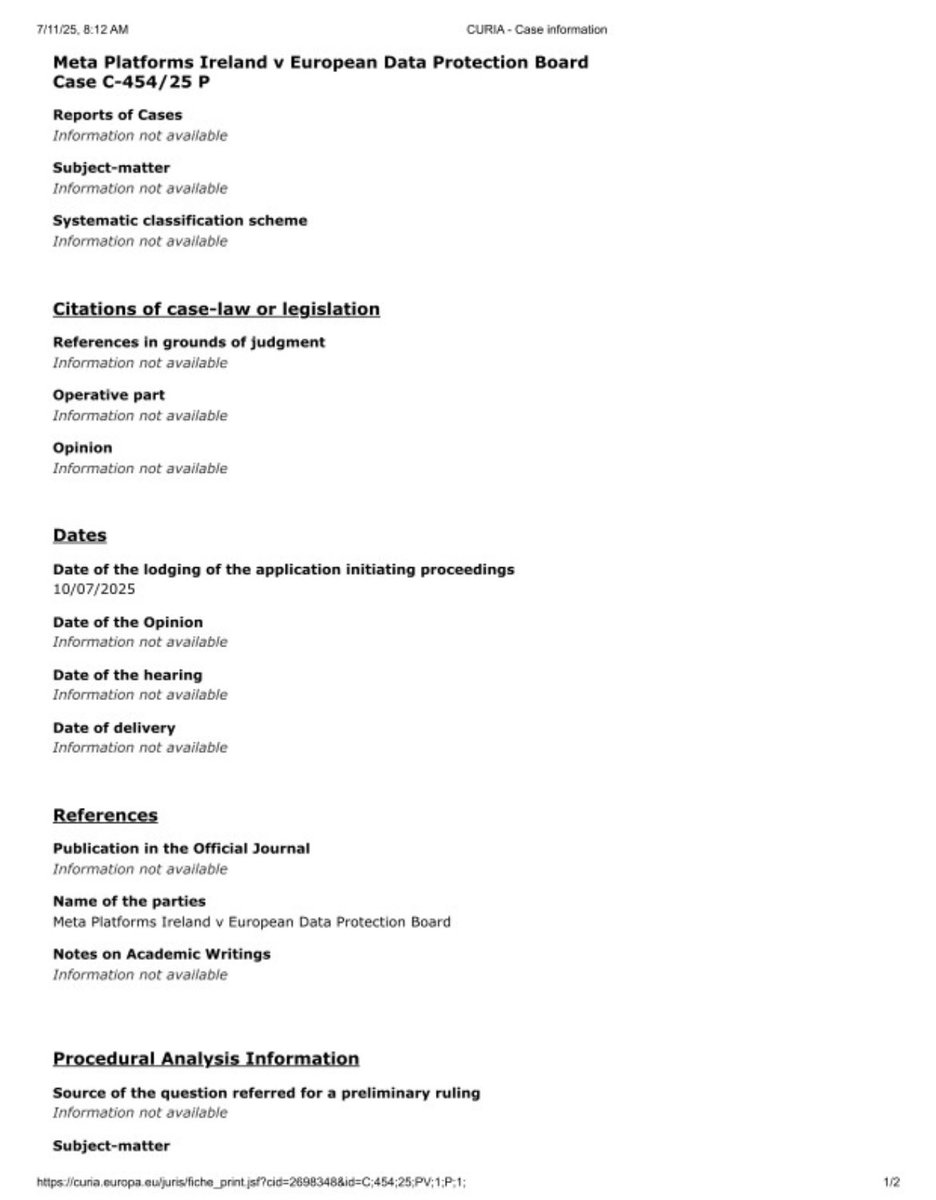I believe this is the appeal against the order in case -319/24 - Meta  Platforms Ireland v. European Data Protection Board (Opinion 08/2024 on  Valid Consent in the Context of Consent or