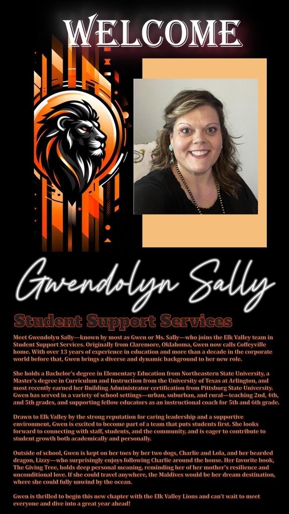We’re excited to continue welcoming new faces to the USD 283 family! 🧡🖤 Each new staff member brings unique strengths and passion to our team, and we can’t wait for you to get to know them.  🦁 #USD283 #ElkValleyPride #WelcomeToEV

Today, meet Gwendolyn Sally: