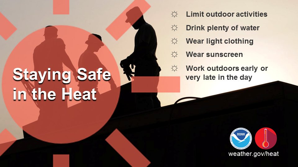 HeatGov's tweet image. 🥵Practice heat safety as we head into the weekend! Stay safe by drinking water, wearing light-colored clothing, and applying sunscreen. It is important to take frequent breaks in the shade or in air conditioned spaces. For more #HeatSafety tips visit heat.gov