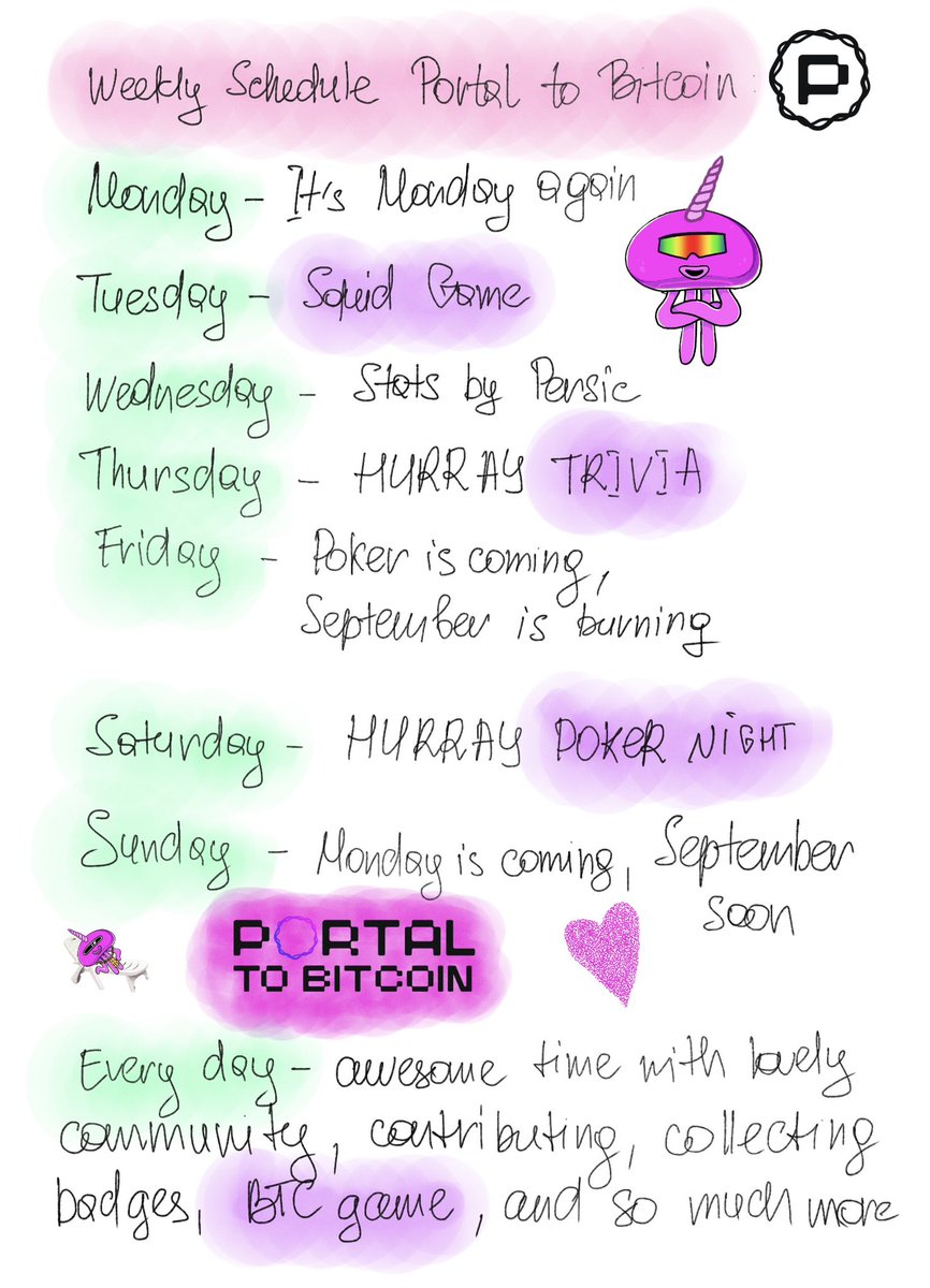 srsh_os's tweet photo. gPortal, my lovely @PortaltoBitcoin community 💗
I really had fun making the daily schedule last time 🤭 — so I decided to take it further and create a weekly one!

It’s both informative and fun in spirit — just like our vibe 🥰
What do you think? What’s missing?
And what do you personally add to your weekly Portal routine? 👀💬