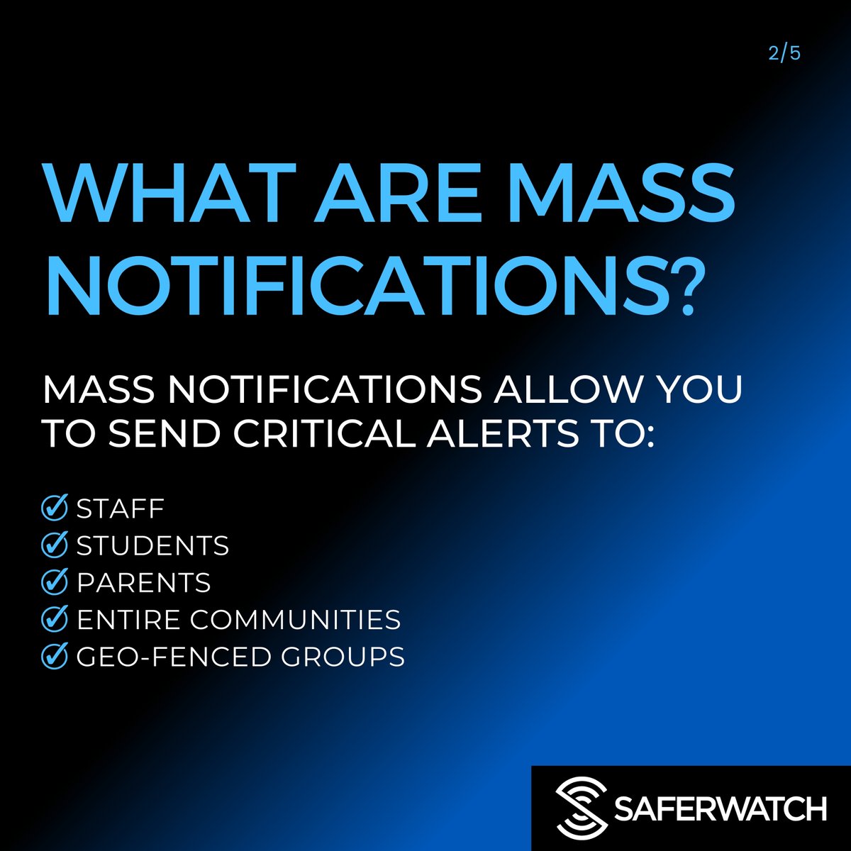 SaferWatchApp's tweet image. Feature Friday: Mass Notifications with SaferWatch
When every second counts, communication is everything.
That’s why the SaferWatch platform includes powerful Mass Notification capabilities. Administrators and public safety officials can instantly send alerts to the people who…