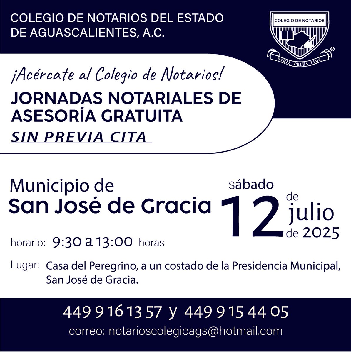 ¿Tienes dudas notariales o legales? En las jornadas del programa "Amigo Notario", podrás recibir asesoría jurídica gratuita. ¡Los esperamos mañana sábado 12 de julio, en el Municipio de San José de Gracia!
<a href="/GobAgs/">Gobierno del Estado de Aguascalientes</a> <a href="/SEGGOB_Ags/">SEGGOB</a> <a href="/DIFAgs/">DIF Aguascalientes</a> <a href="/AyuntamSjg/">Ayuntamiento de San José de Gracia</a> 
<a href="/notariadomex/">Notariado Mexicano</a>