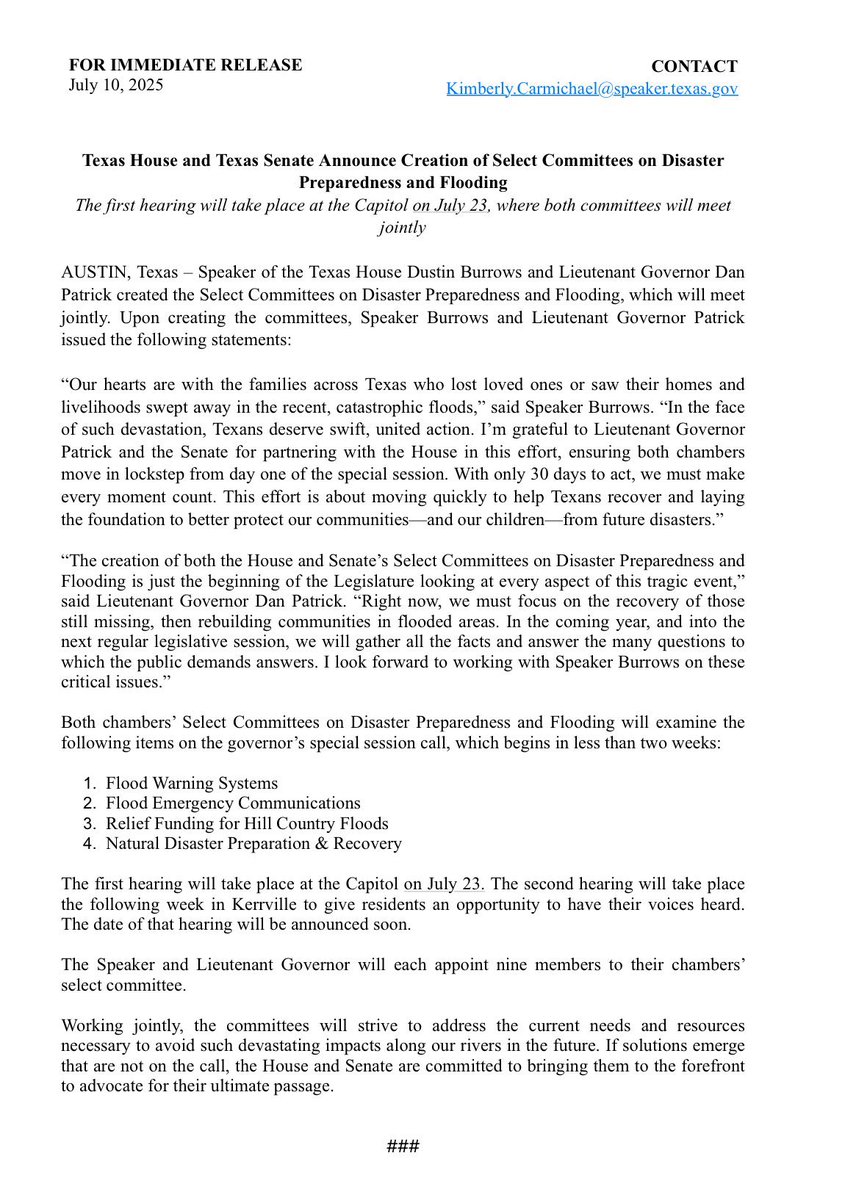 ColeHefnerTX's tweet image. The Texas House and Senate have formed Select Committees on Disaster Preparedness and Flooding to respond to the devastating floods that have rocked our communities.
I’m proud to support this joint effort between Speaker Dustin Burrows and Lt. Governor Dan Patrick. Texans…