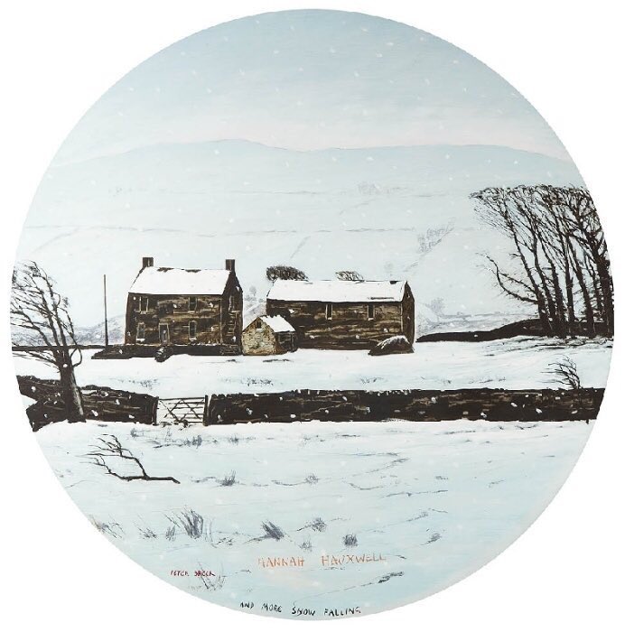 PennineThe's tweet image. It is said that Peter Brook’s paintings make you feel cold, so on the hottest day of the year here’s ‘Hannah Hauxwell - And More Snow Falling’, an unusual circular portrayal of the extreme winter weather faced by the Baldersdale farmer, living and working alone at Low Birk Hatt.