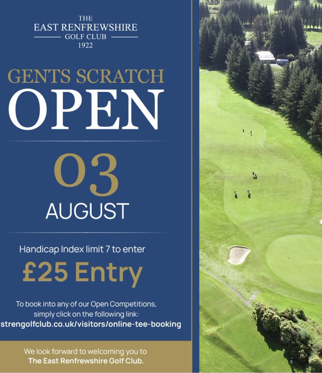 EastRenGC's tweet photo. We still have tee times available for this years East Ren Gents Scratch Open Competition

🏌🏻‍♂️Scratch Open 
⛳️ Sunday 3rd August 
🏌🏻‍♂️£25 per entry 
⛳️Handicap Index Limit 7 

To book click on the following link -

https://t.co/cgLvhxmV6v

We look forward to welcoming you to East Ren https://t.co/L938p6c9iD