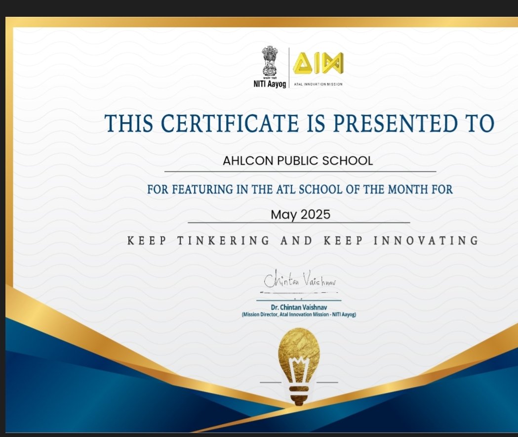PublicAhlcon's tweet photo. 🎉 Proud Moment! 🎉
Ahlcon Public School has been honoured with the ATL School of the Month Award – May 2025 by @AIMtoInnovate 🌟 https://t.co/njUh4LHzvy