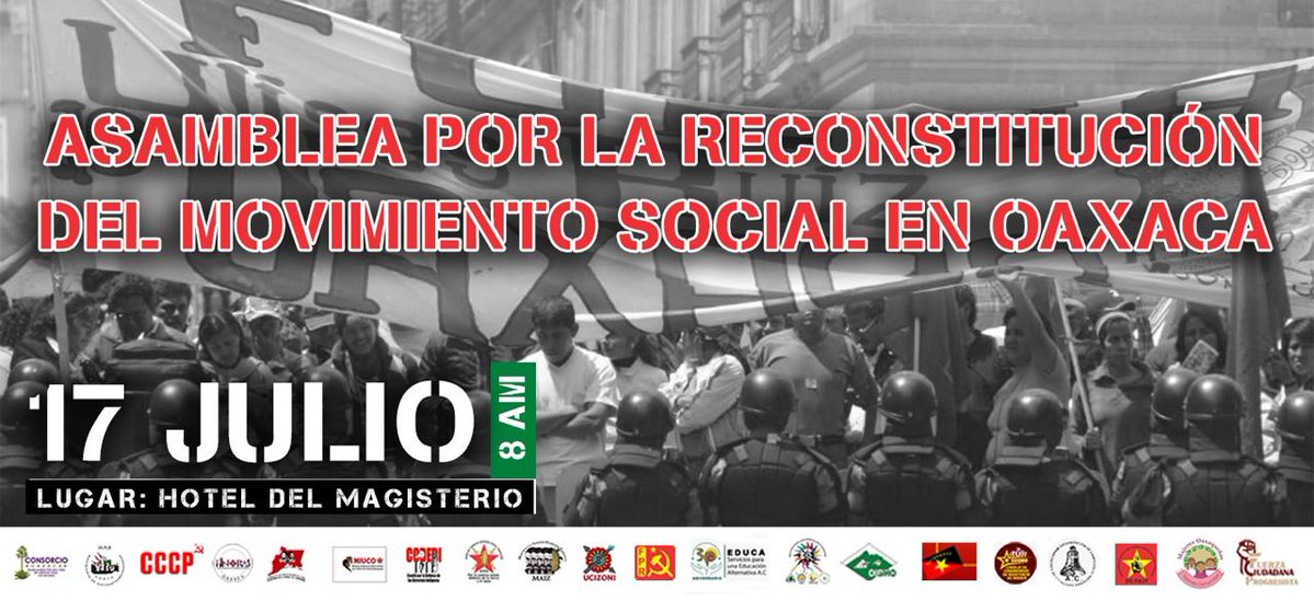 #IMPERDIBLE | 𝐎𝐫𝐠𝐚𝐧𝐢𝐳𝐚𝐜𝐢𝐨𝐧𝐞𝐬 𝐲 𝐜𝐨𝐦𝐮𝐧𝐢𝐝𝐚𝐝𝐞𝐬 𝐜𝐨𝐧𝐯𝐨𝐜𝐚𝐧 𝐚 𝐥𝐚 “𝐀𝐬𝐚𝐦𝐛𝐥𝐞𝐚 𝐩𝐨𝐫 𝐥𝐚 𝐑𝐞𝐜𝐨𝐧𝐬𝐭𝐢𝐭𝐮𝐜𝐢ó𝐧 𝐝𝐞𝐥 𝐌𝐨𝐯𝐢𝐦𝐢𝐞𝐧𝐭𝐨 𝐒𝐨𝐜𝐢𝐚𝐥 𝐞𝐧 𝐎𝐚𝐱𝐚𝐜𝐚”
📢  Más de 20 organizaciones de la sociedad civil convocan a la