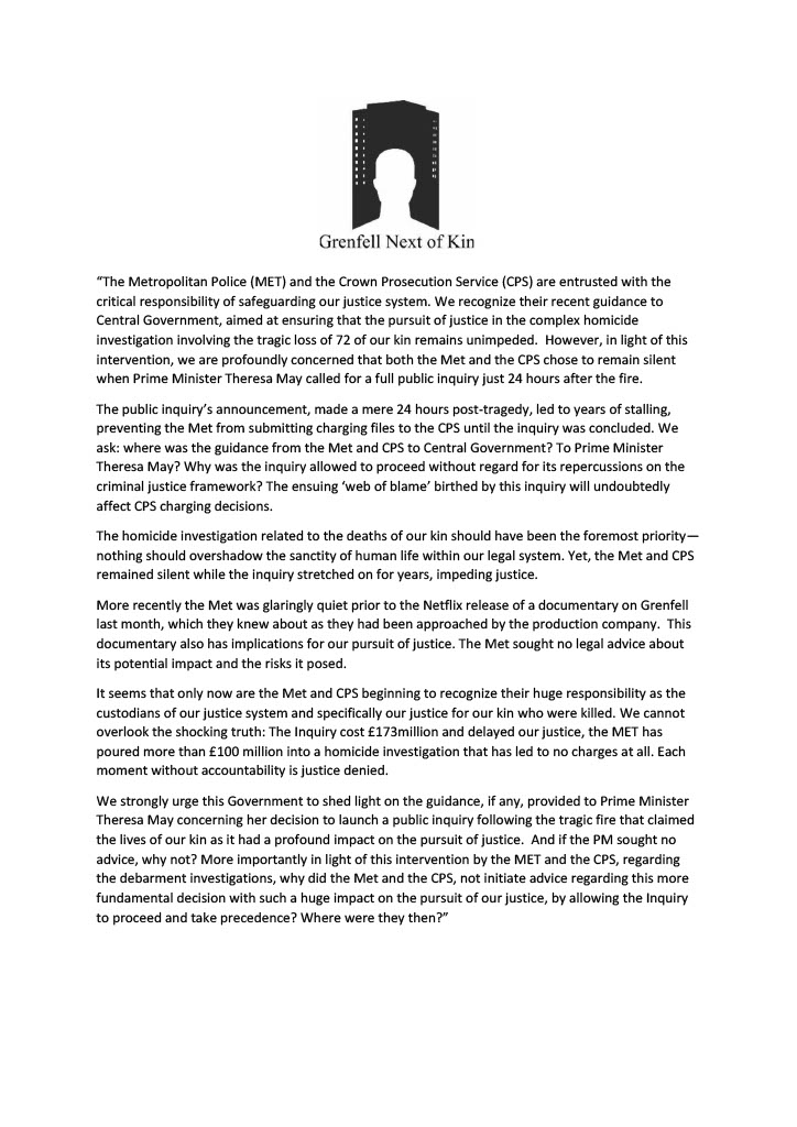 Grenfellnextkin's tweet image. The Met said: "Government had not engaged with the police or the CPS in advance of making the decision to commence debarment investigations.
"It is really important that nothing takes place that may risk prejudicing the police investigation or any future criminal proceedings."…