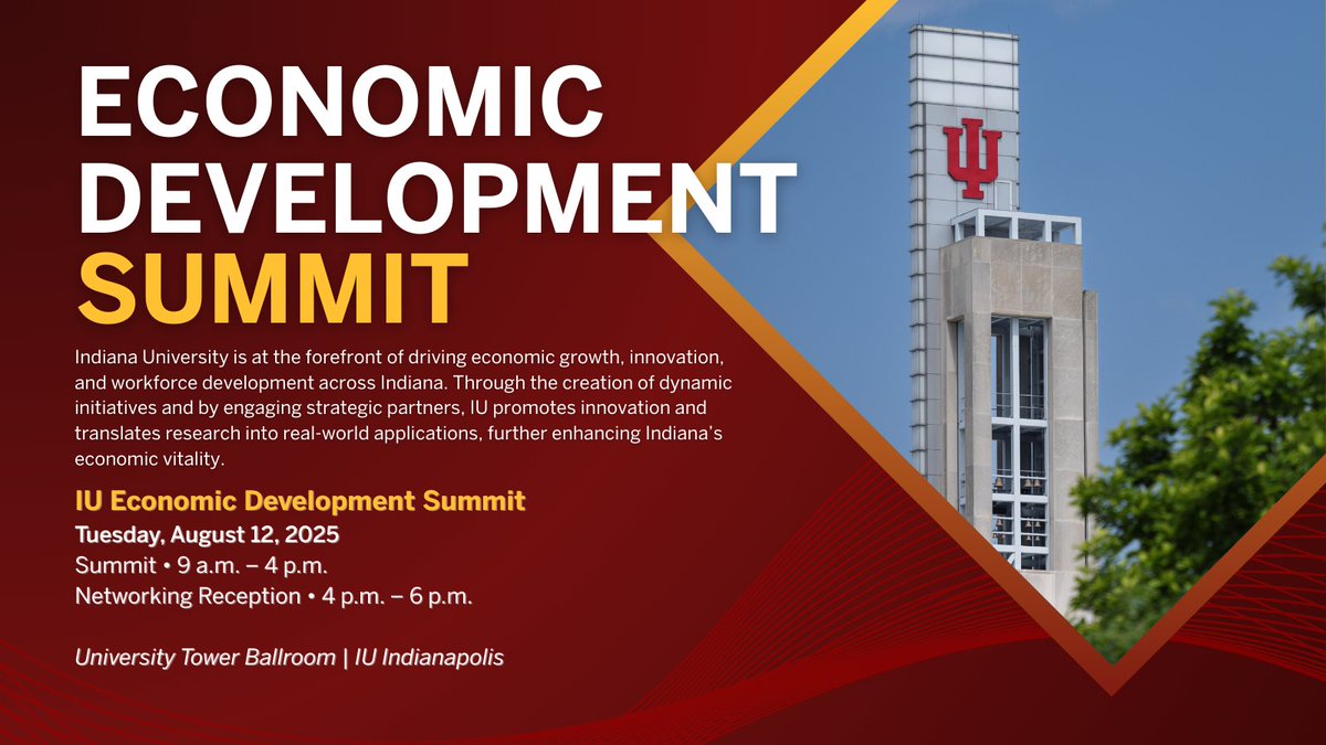 IndianaUniv's tweet image. The countdown begins for the IU Economic Development Summit! Don't miss the inaugural event to discuss and collaborate on strengthening Indiana's economy:
🗓️ Tuesday, August 12
⏰ Conference from 9 a.m. to 4 p.m., reception from 4 to 6 p.m.
📍 University Tower Ballroom, 911 W…