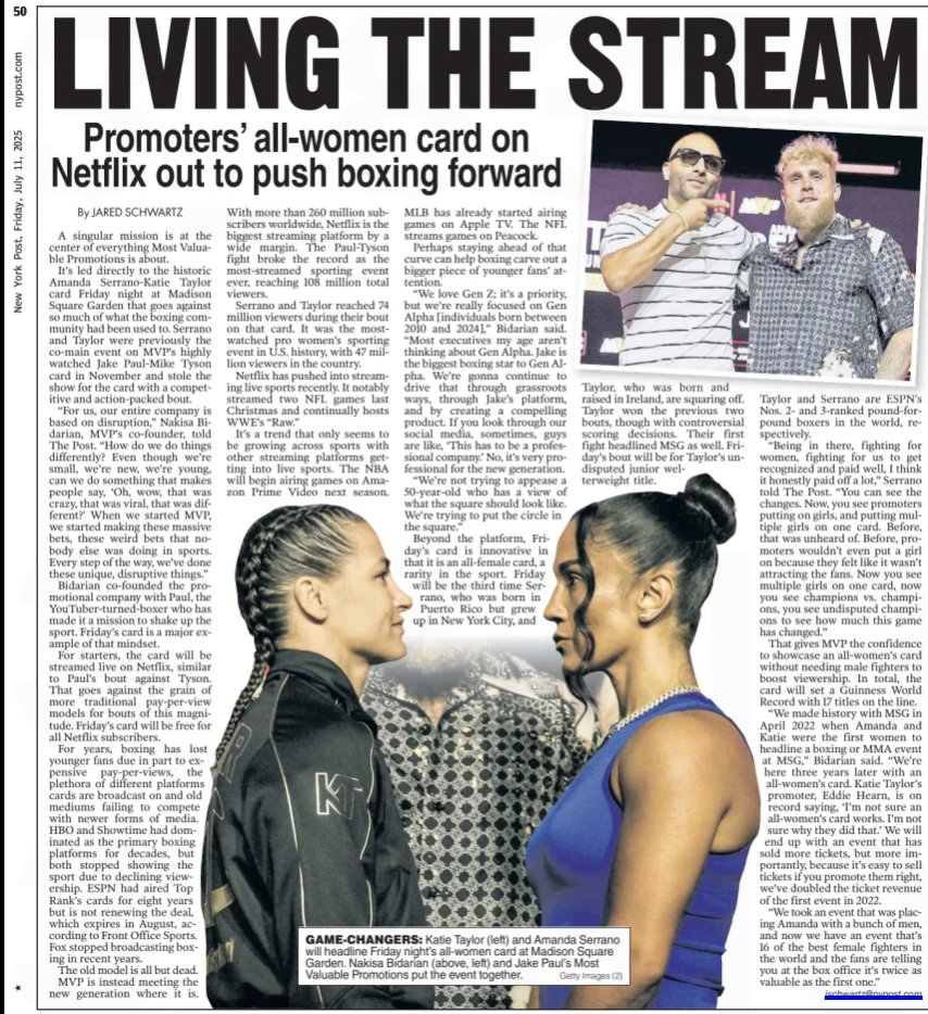 jschwartz115's tweet image. So much of @MostVpromotions' #TaylorSerrano3 card tonight at MSG goes against the grain of what boxing fans have grown accustomed to.
"For us, our entire company is based on disruption."
What that mission is doing for the sport:👇
nypost.com/2025/07/11/spo…