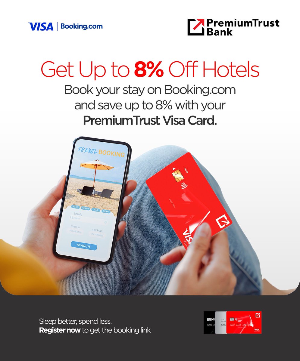 Summer is calling and nothing ruins a great trip faster than bad accommodation.
But that doesn’t have to be your story.
 
With your PremiumTrust VISA card, you get access to some of the best hotels around the world plus up to 8% off when you book on Booking.com.