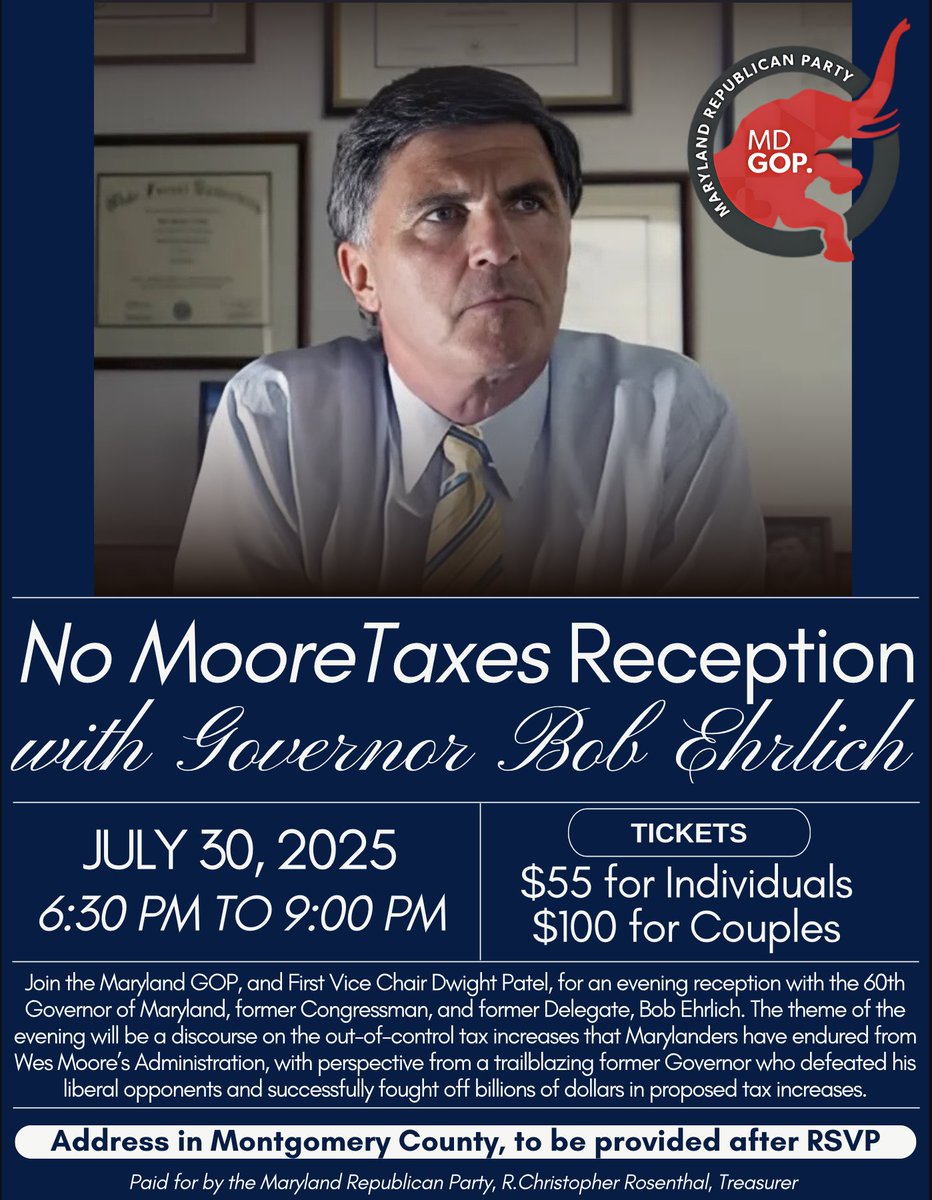 MDGOP's tweet image. We are excited to announce that our “No Moore Taxes” Reception will now be headlined by former Governor Bob Ehrlich. Join us as we talk taxes, fees, and the 2026 election cycle with one of the most profound conservative leaders in Maryland history.
Order your tickets today to…