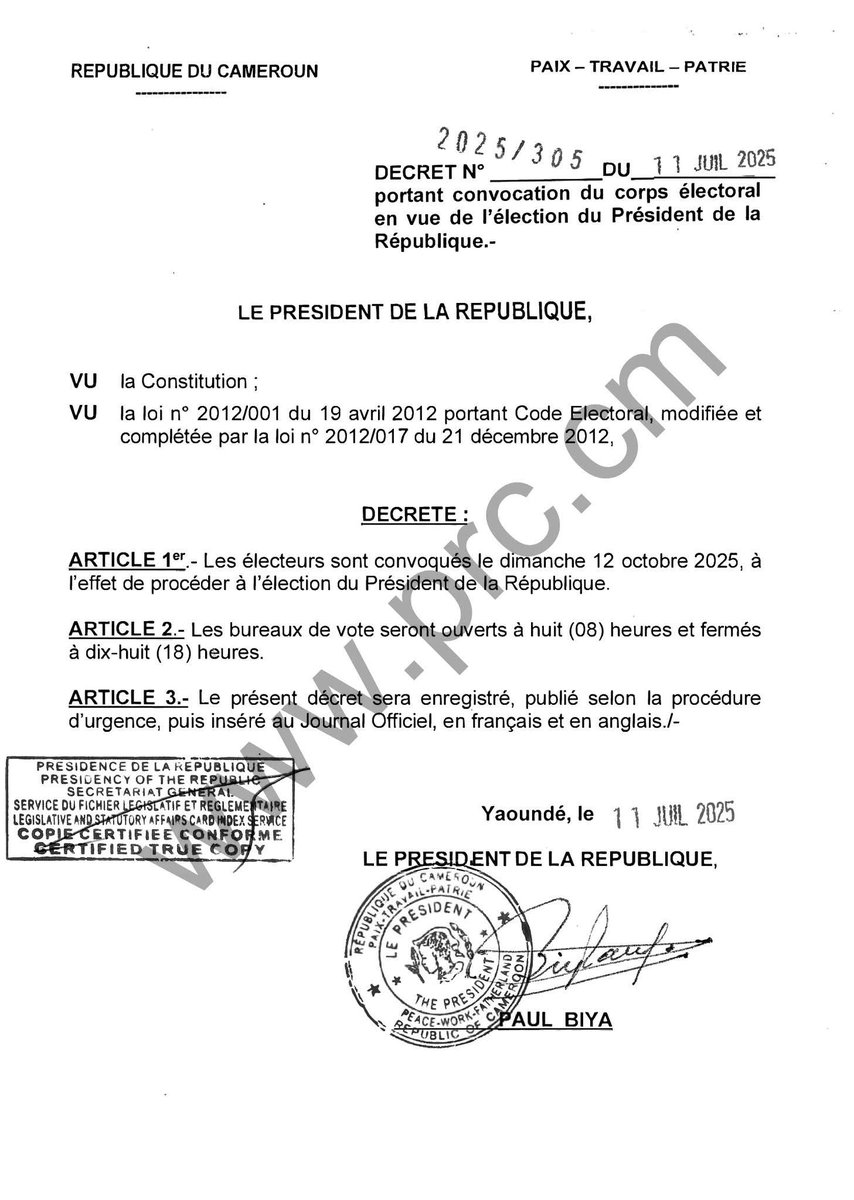 OFFICIEL
12 octobre 2025, élection Présidentielle au Cameroun. Corps électoral convoqué par le Président de la République <a href="/PR_Paul_BIYA/">President Paul BIYA</a>