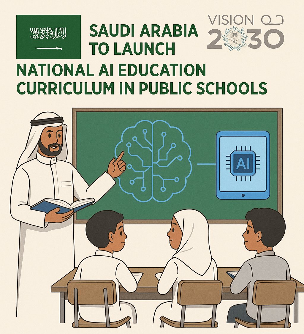 المملكة العربية السعودية ستطلق منهجًا وطنيًا لتعليم الذكاء الاصطناعي في المدارس الحكومية بدءًا من 2025-2026، تماشيًا مع رؤية 2030 وبرنامج تنمية القدرات البشرية. المنهج، الذي طوره المركز الوطني لتطوير المناهج بالتعاون مع وزارتي التعليم والاتصالات وتقنية المعلومات و"سدايا"، يهدف