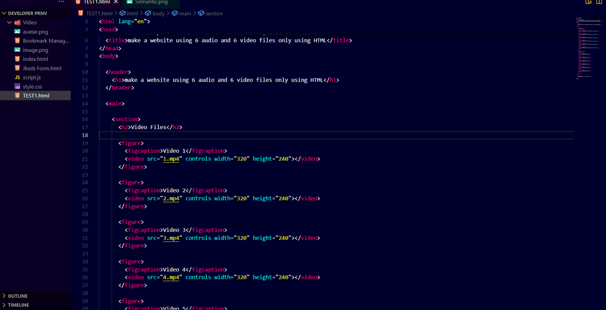 devPRNV's tweet photo. 🧾 Day 7 – Web Dev Progress 

📷Had a test in tutorial 12 of SiGMA SERIES.
asked to made a website using 12 files , 6 audio &amp; 6 video only using HTML.

Posted a Screenshot of the code i wrote and the result

#BuildInPublic #letsconnect #WebDev #100DaysOfCode https://t.co/B59SKvCVUP