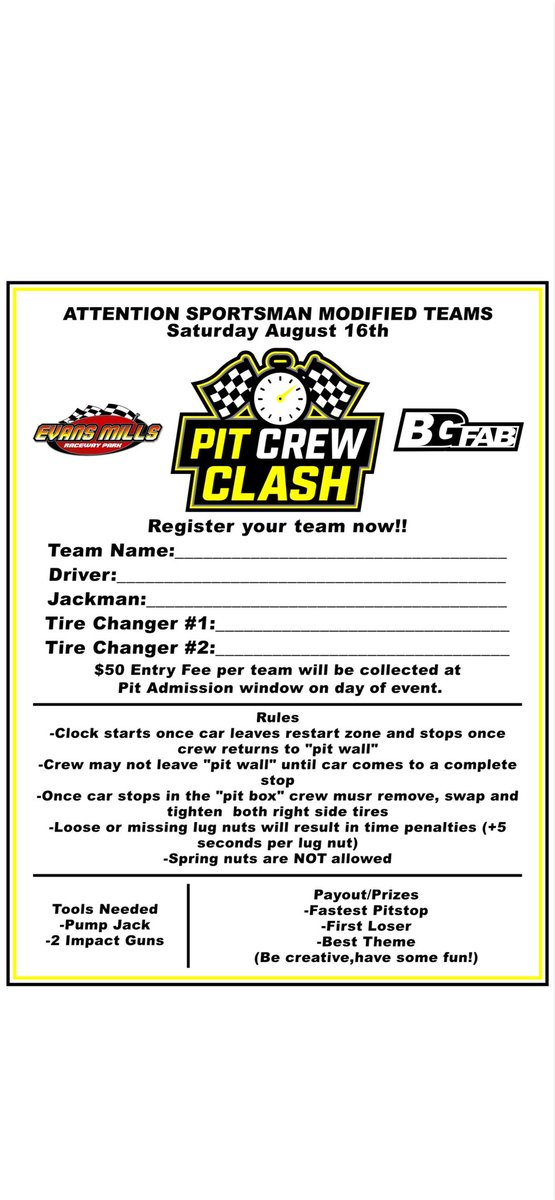 Kinney Drugs Modifieds Teams, get your crew together for the first ever Pit Crew Clash Presented by BGFab on Saturday August 16th! 

Forms will be available to sign up at the scale barn each Saturday. It's $50 to enter for each team and prizes and payouts will be awarded