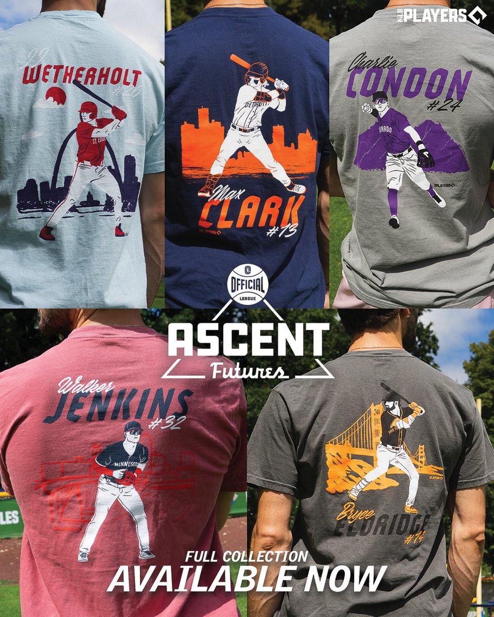 officialeague's tweet image. NEW DROP - ASCENT: Futures collection ⚾
Five tees, five rising stars of baseball: Max Clark, Bryce Eldridge, Charlie Condon, JJ Wetherholt, and Walker Jenkins. This limited-edition drop is available now!