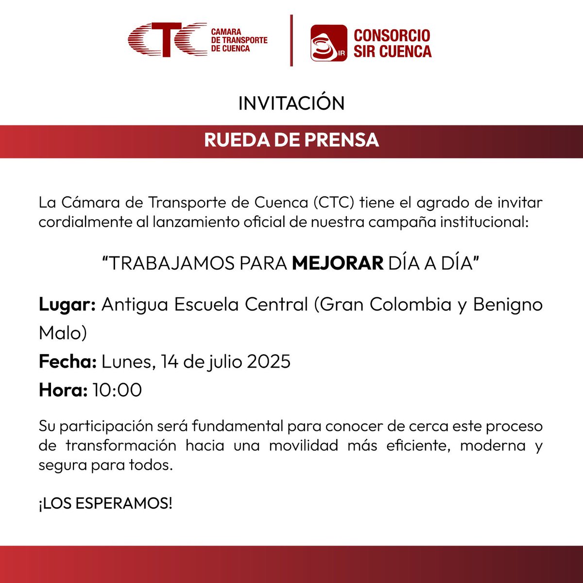 Estimados medios de comunicación. Invitamos a esta rueda de prensa. <a href="/tomebamba/">La Voz del Tomebamba</a> <a href="/complicefm/">Cómplice FM</a> <a href="/WRadioEc/">W Radio Ec</a> <a href="/radialvision/">Radio Visión 106.1FM</a> <a href="/LaSuprema961/">La Suprema Estación 96.1</a> <a href="/RadioMega1033fm/">RADIO LA MEGA 103.3 FM ECUADOR</a> <a href="/RadioCiudad1017/">Radio Ciudad 101.7 FM</a> <a href="/antenaunofm/">Antena Uno</a> <a href="/magicafmecuador/">Maggica Fm Ecuador</a> <a href="/_REDInformativa/">RED Informativa</a> <a href="/PRENSAVirtual_/">PRENSA Virtual</a> <a href="/cronicacuenca/">Ivan Velesaca</a> <a href="/CodigoCuenca/">Código Cuenca</a>