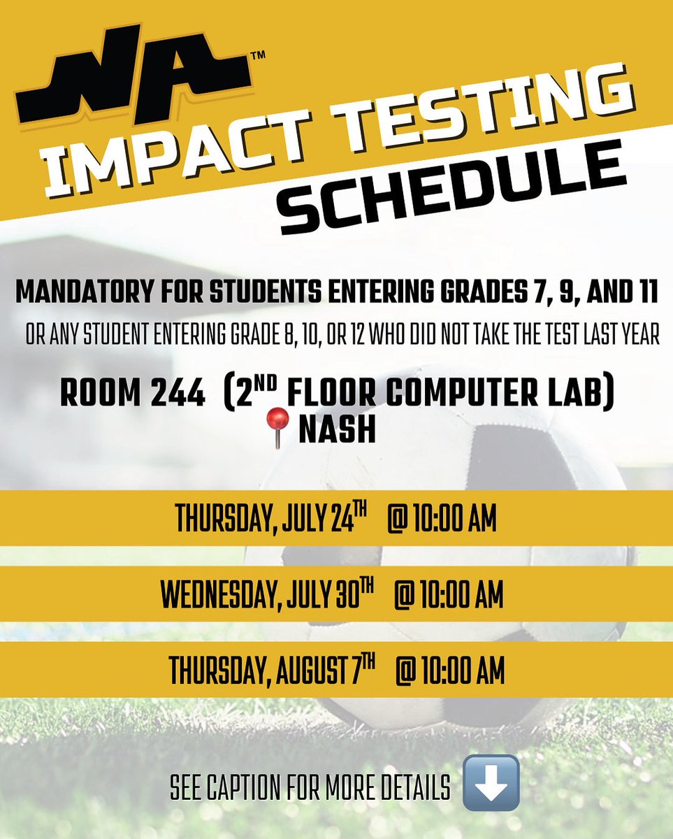 Tests will be provided free of charge to all North Allegheny Athletes. All student athletes should arrive a minimum of 10 minutes early. Once a test has begun, no one will be granted admittance during that time.  Please allow a minimum of 40 minutes to complete the test.