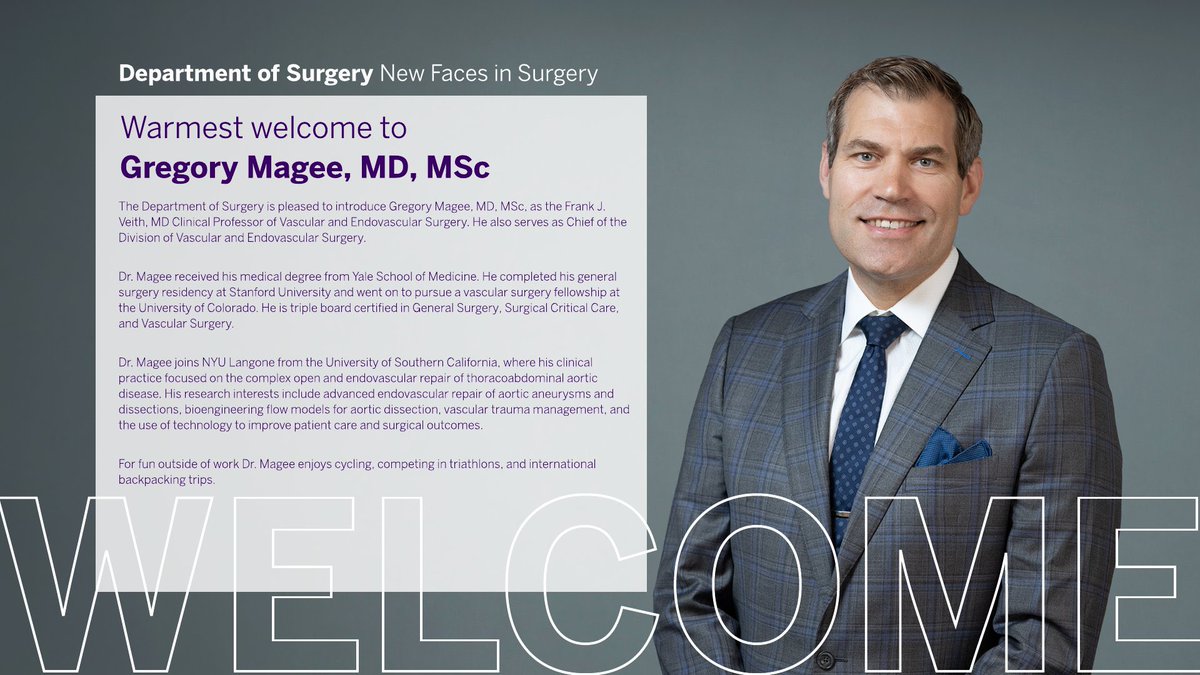 NYULH_Surgery's tweet image. Please join us in welcoming Gregory Magee, MD, MSc, to the Department of Surgery! He joins us as the Frank J. Veith, MD Clinical Professor and Chief of the Division of Vascular and Endovascular Surgery. #NYULHSurgery @gregamagee
