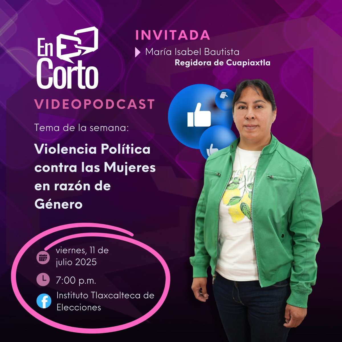⏰ ¡Es hoy, es hoy!
🎙️ Tenemos nuevo episodio de En Corto:
Violencia Política contra las Mujeres en razón de Género

🕖 7:00 p.m.
📍 Facebook: Instituto Tlaxcalteca de Elecciones
👤 Con nuestra invitada especial: María Isabel Bautista
💬✨
#EnCortoITE #VPMrG #Tlaxcala