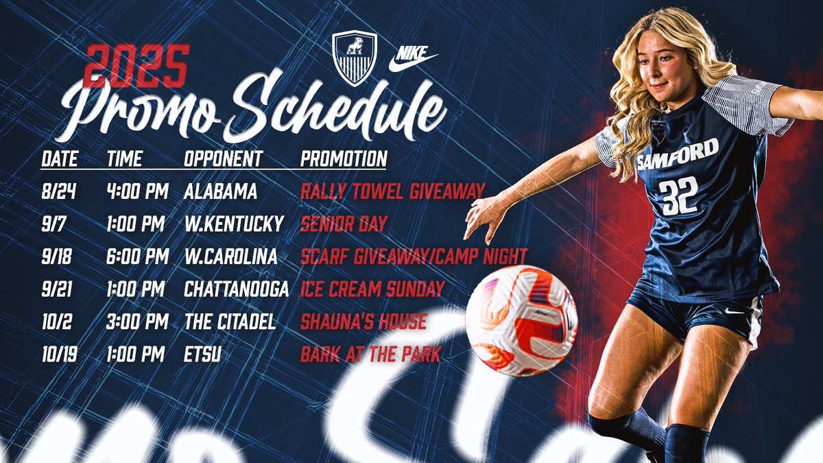 The 2025 Samford Women’s Soccer promo schedule is HERE‼️

Join us at Shauna Yelton Field this upcoming season for to support the bulldogs and engage in these fan experiences⤵️

#DogDynasty | #AllForSAMford