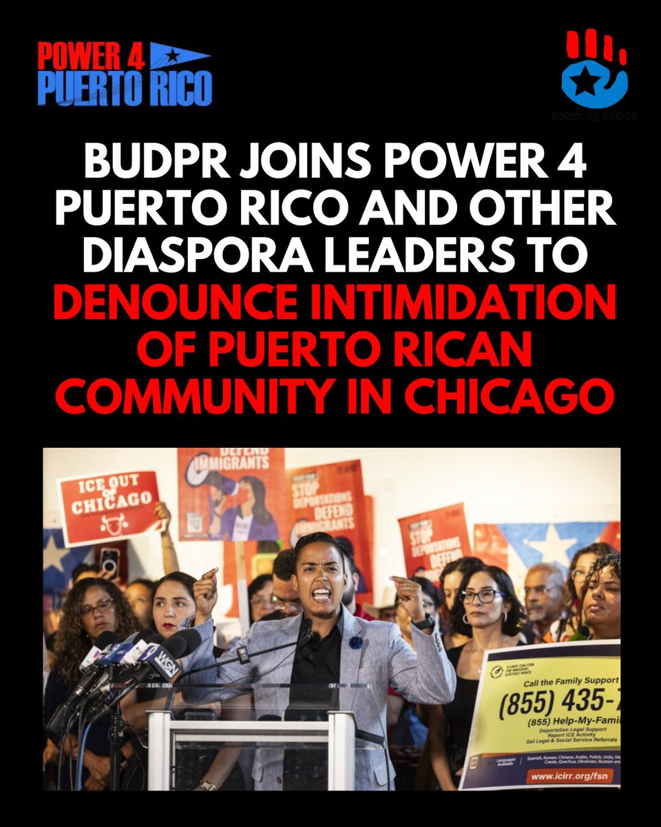 BUDPR's tweet image. We stand with @jacprcc, our advisor @jessiefor26th, the @Pwr4PuertoRico coalition, and all of the leaders and allies in the Puerto Rican diaspora who are coming together to denounce the intimidation and harassment of our communities.