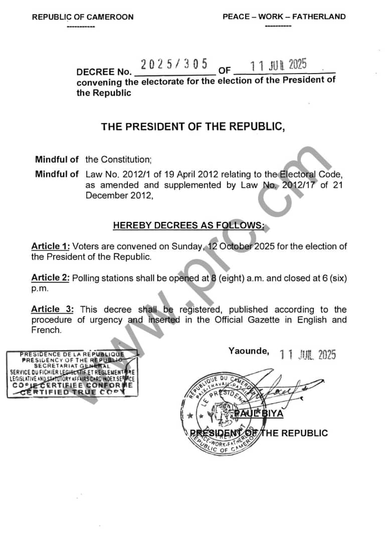 agmutambo's tweet image. #Cameroon: Voters to elect new (or the same) President on October 12. Candidates have ten days to submit their papers, a notice signed by President Paul #Biya shows.