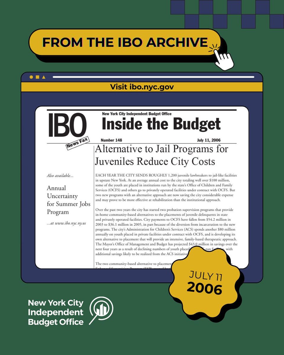 nycibo's tweet image. #OnThisDay 19 years ago: IBO evaluated the fiscal impact of two community-based alternatives to juvenile jail programs, the Enhanced Supervision Program (ESP) and Esperanza.
Visit our website to submit a research request - link in bio. #NYCBudget #NYCPolicy