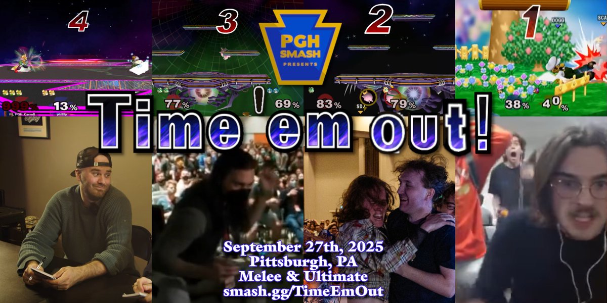 PGHSmash's tweet photo. Announced live on Fourside Fights last night, PGH Smash is proud to announce our next Melee regional:

𝙏𝙞𝙢𝙚 '𝙚𝙢 𝙤𝙪𝙩!

📅Sat 9/27
📍Pittsburgh, PA
⏱️5-MINUTE TIMER
🔗smashgg/TimeEmOut

Melee Singles will have a 4-Stock, 5-Minute Timer format! https://t.co/6fdOaMoajy