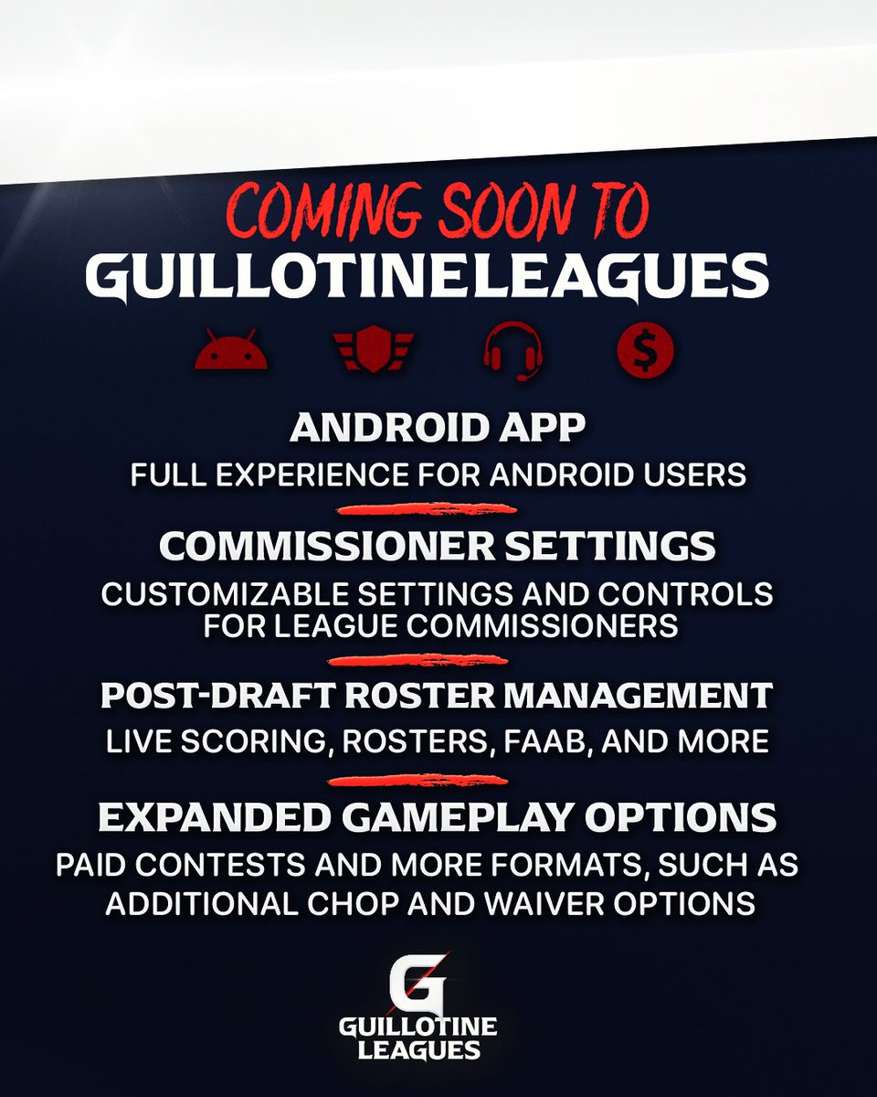 ⚠️ Coming Soon to Guillotine Leagues:

• Android App
• Customizable settings and controls for league commissioners
• Post-Draft Roster Management
• Expanded Gameplay Options

Find us on the App Store for iOS devices and on Desktop at guillotineleagues.com