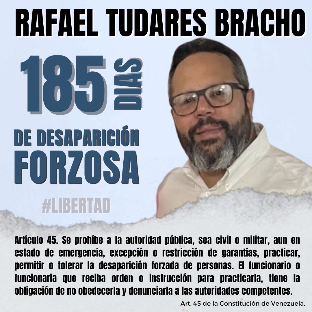 MarianaGTudares's tweet image. Son 185 días desde la detención arbitraria y desaparición forzada de Rafael Tudares Bracho.
Ojalá las autoridades del Estado comprendan que mantener a Rafael, secuestrado, como un “rehén”, no les aporta “garantía” política alguna, porque Rafael y yo no influimos en la política.