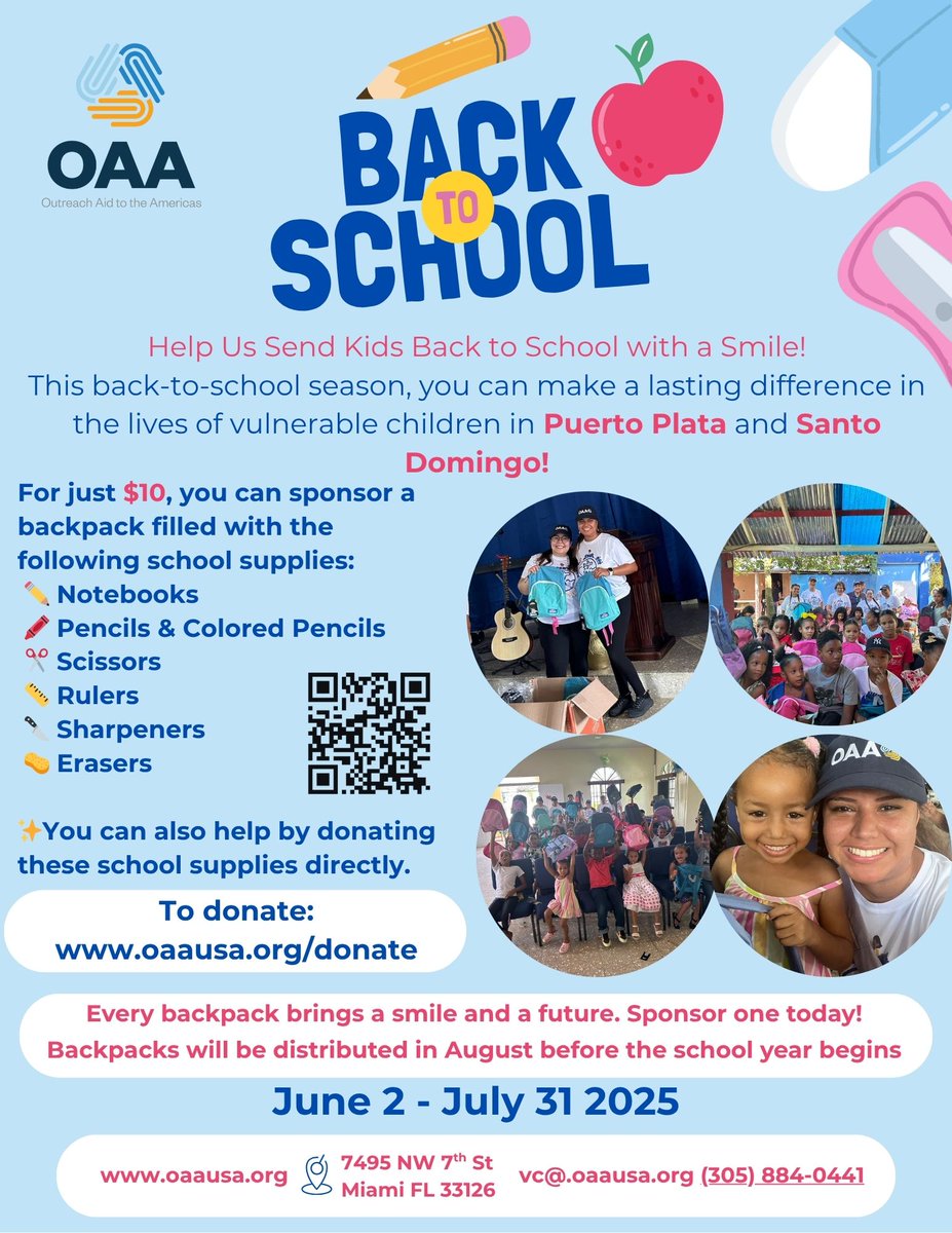 Help us send kids back to school with a smile! 😀🎒 We’re collecting new backpacks and supplies for Dominican children.

Donate a backpack for just $10, drop off at 7495 NW 7th St, Miami, or donate online.

Spread the word and make a difference today! ❤️ #BackToSchool #GiveBack