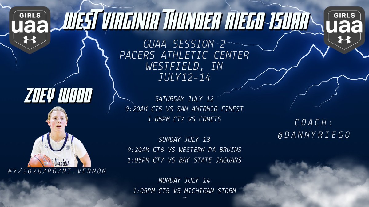 Zoey Wood (@wood_zoey5) on Twitter photo Finishing up Hoosier Heat tonight, upcoming schedule for the next few days👀⬇️
GUAA Session 2
July 12-14
Pacers Athletic Center
📍Westfield, IN
<a href="/UANextGHoops/">Girls UAA</a> <a href="/WVaThunderRiego/">West Virginia Thunder Riego</a> <a href="/dannyriego/">Danny Riego</a> Finishing up Hoosier Heat tonight, upcoming schedule for the next few days👀⬇️
GUAA Session 2
July 12-14
Pacers Athletic Center
📍Westfield, IN
<a href="/UANextGHoops/">Girls UAA</a> <a href="/WVaThunderRiego/">West Virginia Thunder Riego</a> <a href="/dannyriego/">Danny Riego</a>