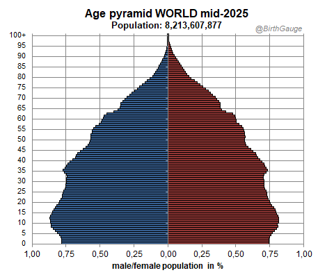 To celebrate World Population Day, here's the most up to date population pyramid of humanity, based on available data.
This year, the TFR of the World will be around 2.16 children per woman and thus below replacement level (2.17) for the fist time in modern history.