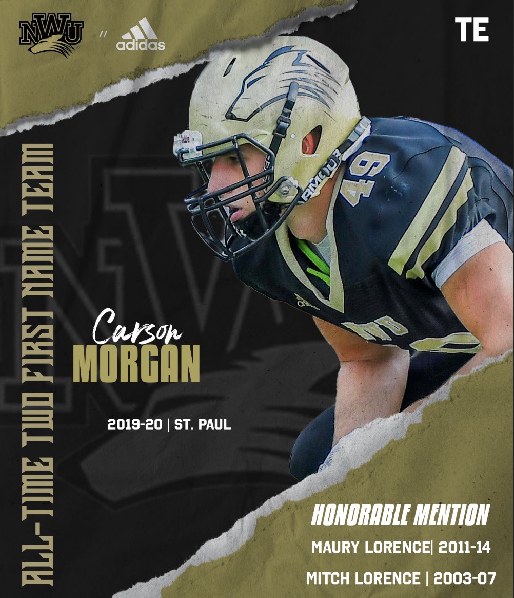 NWUFootball's tweet image. NWU All-Time Two First Name Team
TE: Carson Morgan | 2019-20
#FAITH