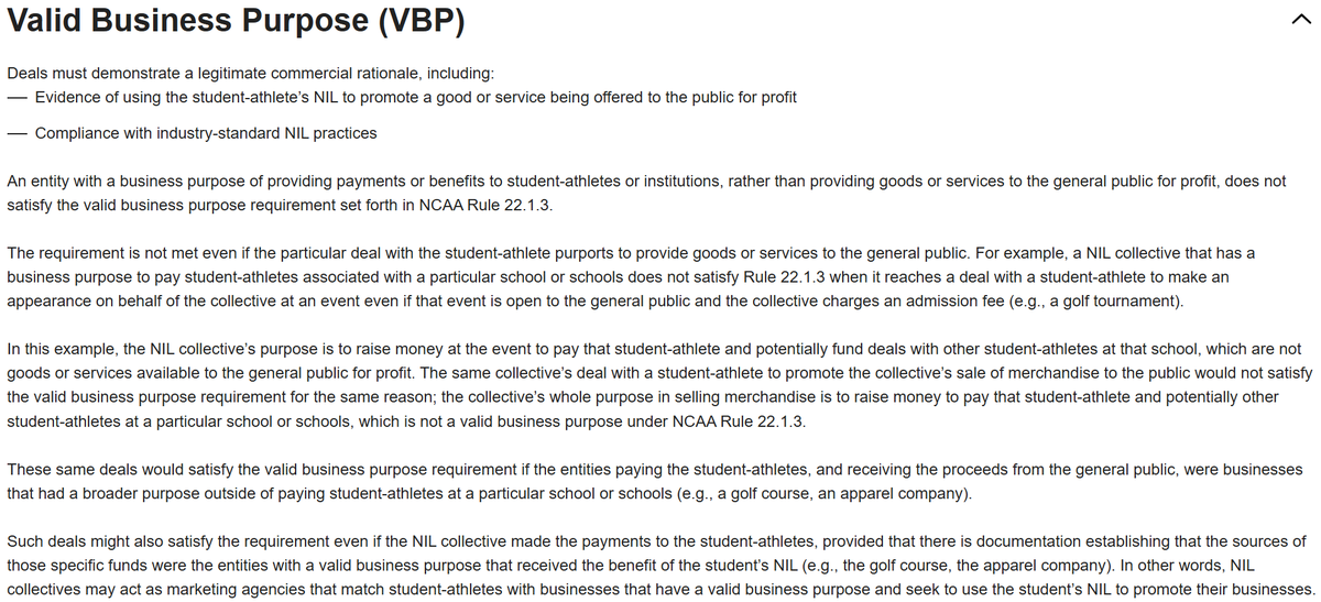This guidance on NIL rules is going to result in much gnashing of teeth, but it's pretty logical/straightforward:
- NIL endorsements must be for genuine, profit-making businesses
- Events that exist solely as an excuse to raise money for paying players isn't a genuine profit