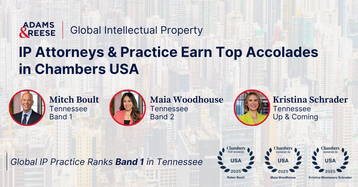 Adams & Reese (@adamsandreese) on Twitter photo Always on Brand - Congratulations to our #IP and #Trademark Law Partners Mitch Boult, Maia Woodhouse, & Kristina Schrader - ranked by clients in the 2025 <a href="/ChambersGuides/">Chambers and Partners</a>. Our IP Practice also ranks Band 1 in #Tennessee. Read more >> adamsandreese.com/newsroom/2025-⦠Always on Brand - Congratulations to our #IP and #Trademark Law Partners Mitch Boult, Maia Woodhouse, & Kristina Schrader - ranked by clients in the 2025 <a href="/ChambersGuides/">Chambers and Partners</a>. Our IP Practice also ranks Band 1 in #Tennessee. Read more >> adamsandreese.com/newsroom/2025-ā¦
