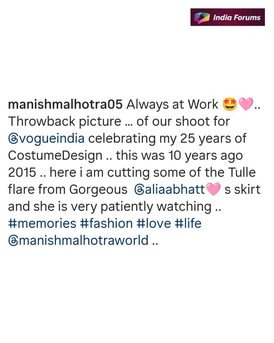 indiaforums's tweet photo. Manish Malhotra shares a throwback Picture from his 25 years of journey into costume design and 10 years back Alia Bhatt's Look from Vouge 2015 while cutting her Tulle Falre Skirt😍❤️
.
.
#ManishMalhotra #AliaBhatt #ThrowbackPicture #25YearsIntoCostumeDesign #Memories #FashionStyleLove #BollywoodDesigner #If #IndiaForums