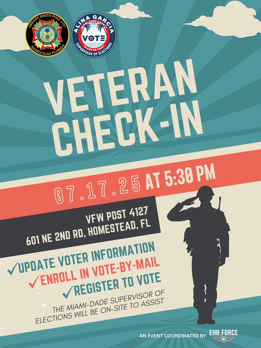 Ehr Force 🇺🇸 (@ehrforce) on Twitter photo 📍HOMESTEAD VETS: Time to check in.
🗓️ July 17 @ 5:30 PM | VFW Post 4127
With @votemiamidade on-site:
🗳️ Update your address
✍🏽 Fix your signature
📬 Request VBM
Thank you to the VFW Post 4127 and the <a href="/VoteMiamiDade/">Miami-Dade County Supervisor of Elections Office</a> for standing up for those who’ve served.
#Veterans 📍HOMESTEAD VETS: Time to check in.
🗓️ July 17 @ 5:30 PM | VFW Post 4127
With @votemiamidade on-site:
🗳️ Update your address
✍🏽 Fix your signature
📬 Request VBM
Thank you to the VFW Post 4127 and the <a href="/VoteMiamiDade/">Miami-Dade County Supervisor of Elections Office</a> for standing up for those who’ve served.
#Veterans