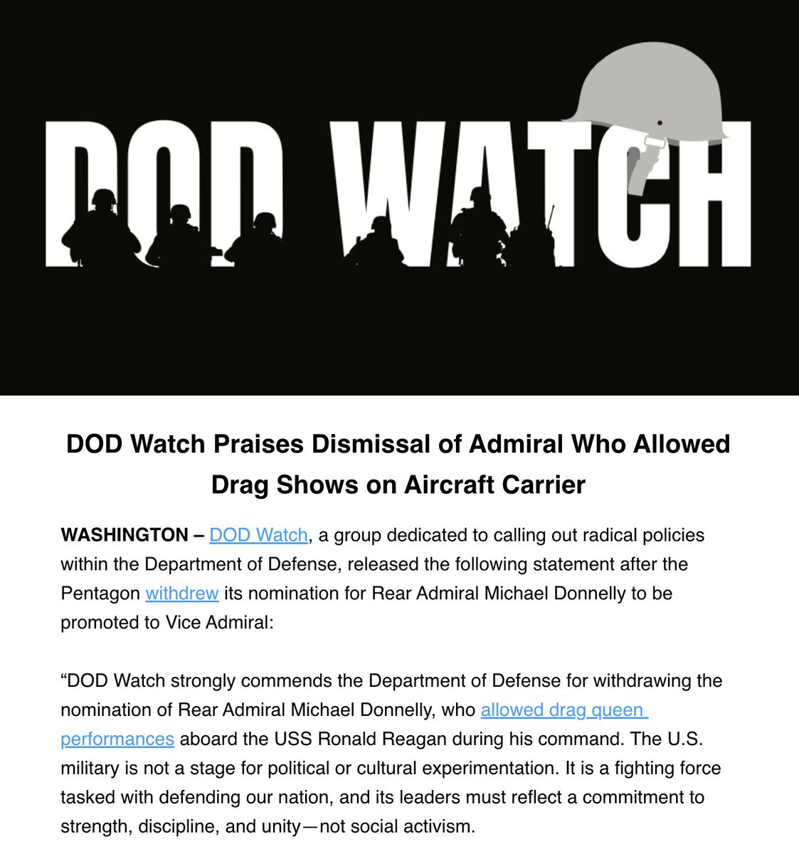 DOD_Watch's tweet image. .@SecDef decision to withdraw the nomination of Adm. Donnelly sends a clear message: commanders will be held responsible for promoting activities that compromise the dignity and mission focus of our warfighting institutions.
Read our full statement here: dodwatch.com/so/eaPVvpzto?l…