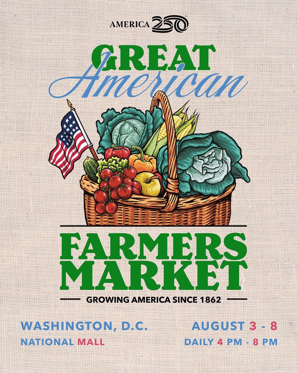The #GreatAmericanFarmersMarket is happening August 3–8 in D.C..

Want to sell your goods on the National Mall during National #FarmersMarketWeek? The deadline to apply is Sunday, July 13 at 11:59 PM ET. 

Find more information at usda.gov/gafm.