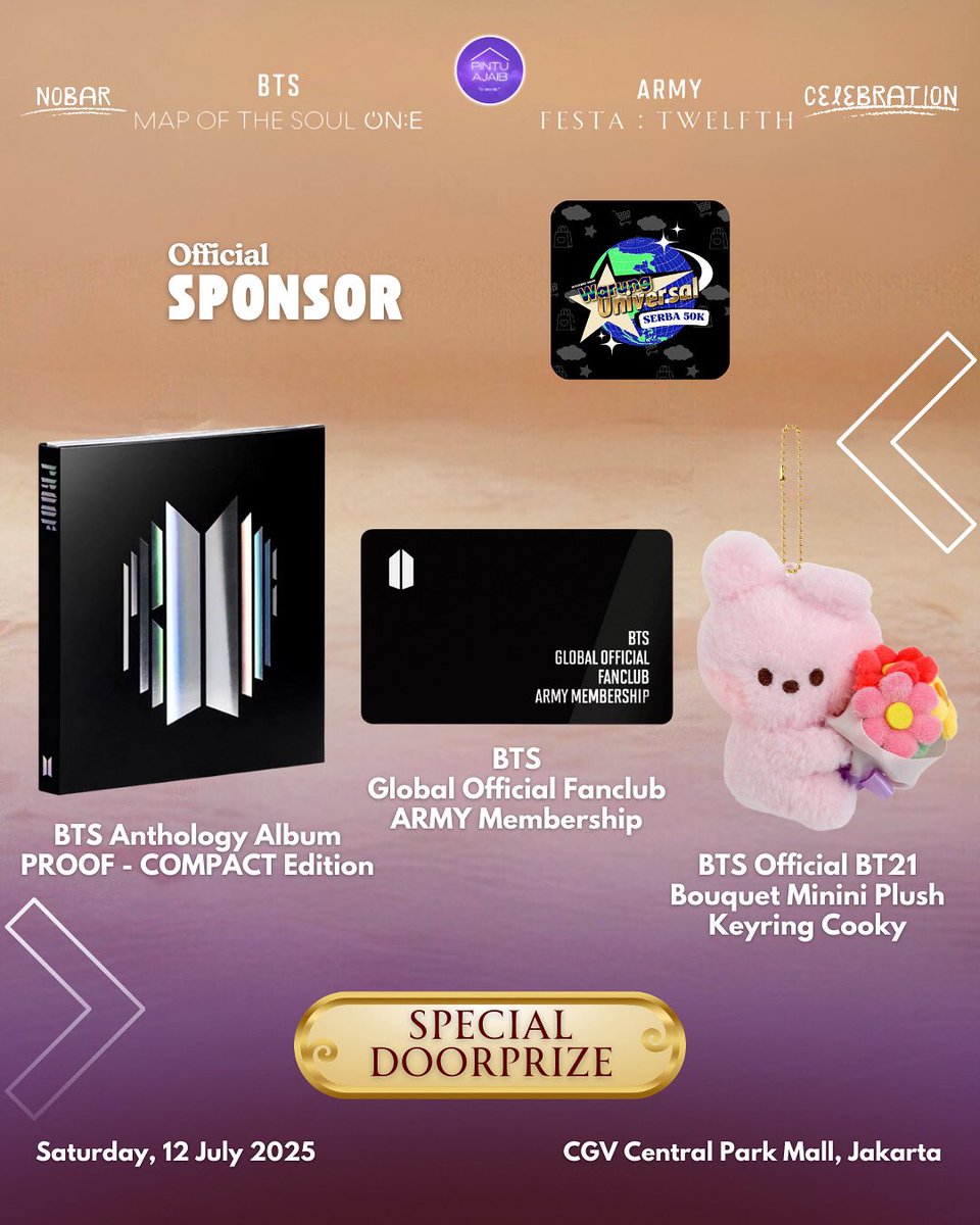 PintuAjaibID's tweet photo. Special Doorprize [Pt.2] @ Pintu Ajaib - Nobar BTS MAP OF THE SOUL ON:E with ARMY FESTA : TWELFTH Celebration ❤️🖤💜

Sponsored by Waverse Shop:
✨1 BTS Global Official Fanclub ARMY Membership
✨1 BTS Anthology Album PROOF COMPACT Edition
✨1 BTS Official BT21 - Bouquet Minini Plush Keyring Cooky

Sponsored by LG Electronics Indonesia @LGIndonesia :
✨1 Unit of 25L NeoChef™️ Microwave Grill Inverter - Microwave Grill

Thank you so much for all our Official Sponsors for supporting us🫶🏻🥰

ARMY, good luck & see you tomorrow!💜
—
Reservation:
https://t.co/U8PBPi97ol

For more infos:
@PintuAjaibID (X) - @pintuajaib.id (IG)

🫶🏻Media Partners:
- @E7ernalProject 
- ⁠@yohanamonalisa_ 
- ⁠@laviedenoona 
- ⁠@kookienyungg 
- ⁠@rahmdess27 
- ⁠vip_btsarmy
- ⁠ourflightisforever

#BTS #BTSARMY #ARMYFESTA2025 
#BTS_MAP_OF_THE_SOUL #BTS_MAP_OF_THE_SOUL_ONE #MAP_OF_THE_SOUL_ONE #BTS_MOTS_ONE #방탄소년단
#PintuAjaib #PintuAjaibNobar