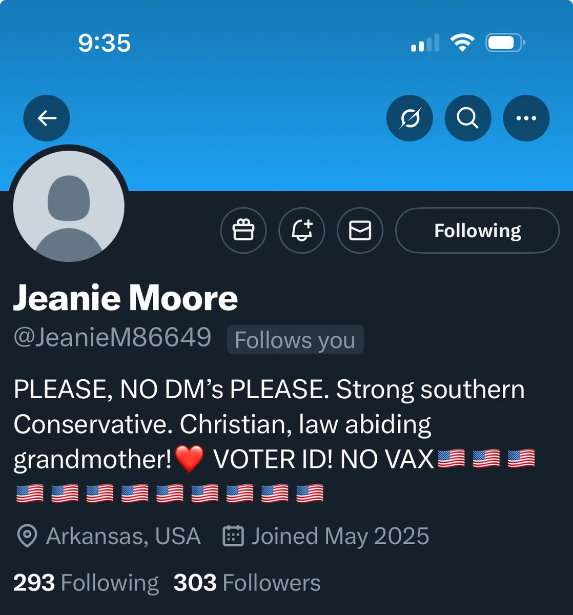 Please follow this patriot who follows back, thanks.  ⁦<a href="/JeanieM86649/">Jeanie Moore</a>⁩
