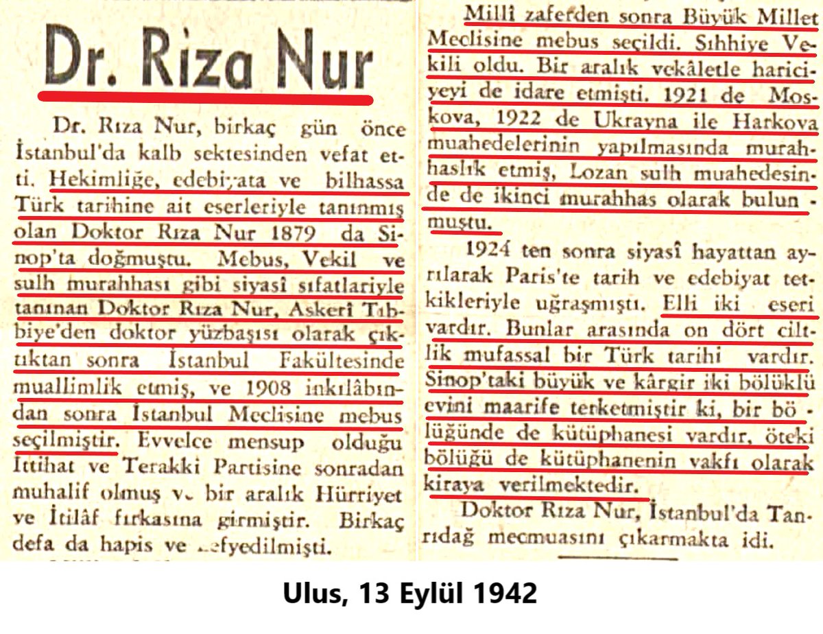 Kemalistlere ithaf olunur.

CHP'nin resmî gazetesi Ulus ölümü üzerine yayınladığı özgeçmişinde Dr. Rıza Nur'u öve öve bitirememiş!

Yazıda tek olumsuz cümle mevcut değil!

Lakin ne vakit yazdığı hatırat ortaya çıktı, hakkında en hafifi deli, megaloman, psikopat ve benzeri türlü